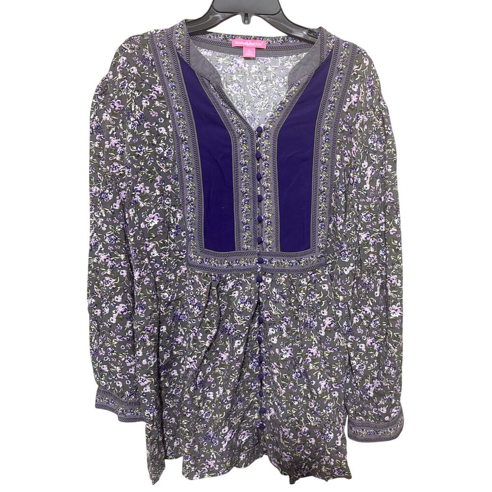 Woman Within Top 1X Purple Floral Blouse Babydoll Boho Peasant 22/24